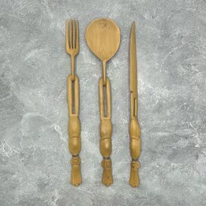 New unused Vintage Hand Carved African Wooden Spoon Fork Serving Utensils Set of